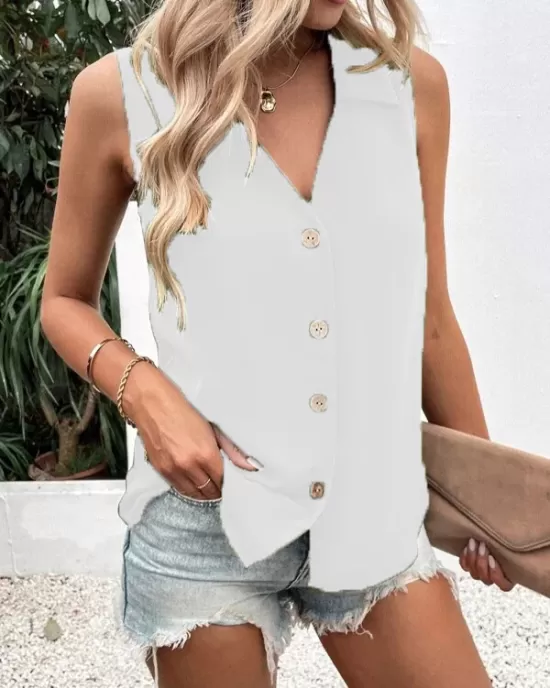 Buttoned Solid Color Split-Joint Loose Sleeveless V-neck Vest Top