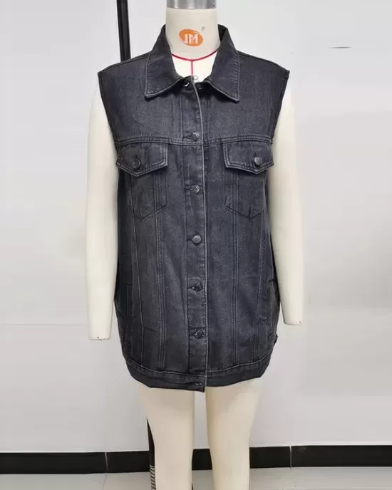 Buttoned Drawstring Pockets Split-Joint Loose Sleeveless Polo Vest Outerwear