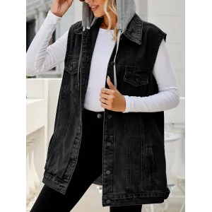 Buttoned Detachable Drawstring Hooded Pockets Split-Joint Loose Sleeveless Polo Vest Outerwear