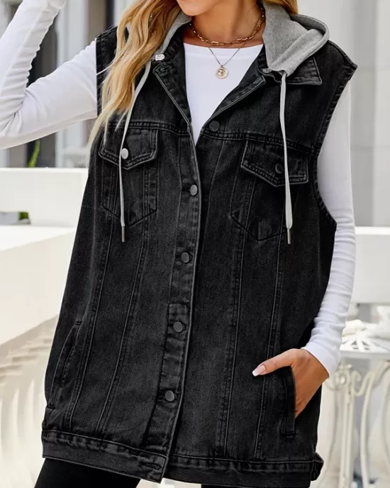 Buttoned Detachable Drawstring Hooded Pockets Split-Joint Loose Sleeveless Polo Vest Outerwear