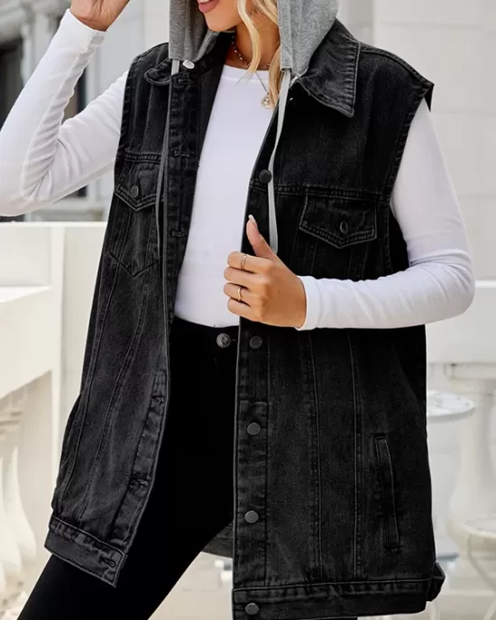 Buttoned Detachable Drawstring Hooded Pockets Split-Joint Loose Sleeveless Polo Vest Outerwear