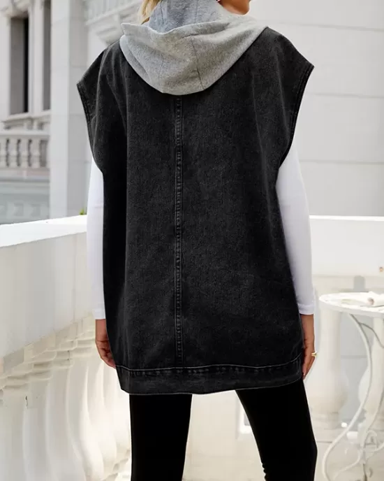 Buttoned Detachable Hooded Pockets Split-Joint Loose Sleeveless Lapel Collar Vest Outerwear