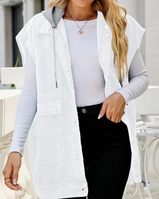 Buttoned Detachable Hooded Pockets Split-Joint Loose Sleeveless Lapel Collar Vest Outerwear