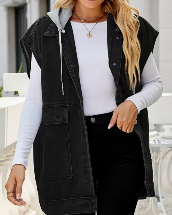 Buttoned Detachable Hooded Pockets Split-Joint Loose Sleeveless Lapel Collar Vest Outerwear