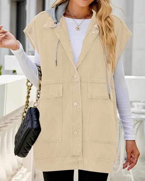 Buttoned Detachable Hooded Pockets Split-Joint Loose Sleeveless Lapel Collar Vest Outerwear