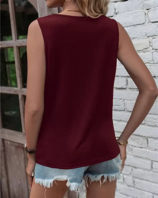 Hollow Knot Pleated Solid Color Sleeveless Round-Neck Vest Top