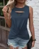 Hollow Knot Pleated Solid Color Sleeveless Round-Neck Vest Top