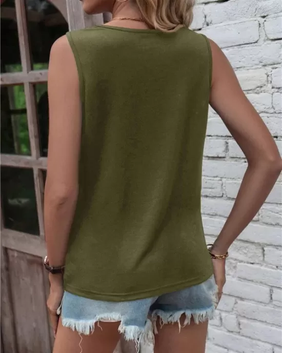 Hollow Knot Pleated Solid Color Sleeveless Round-Neck Vest Top