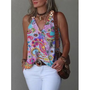 Printed Split-Joint Sleeveless V-Neck Vest Top