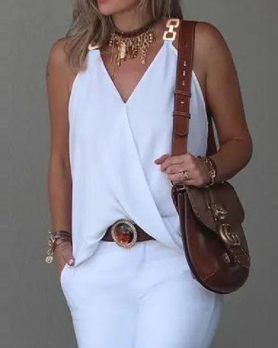 Solid Color Split-Joint Sleeveless V-Neck Vest Top