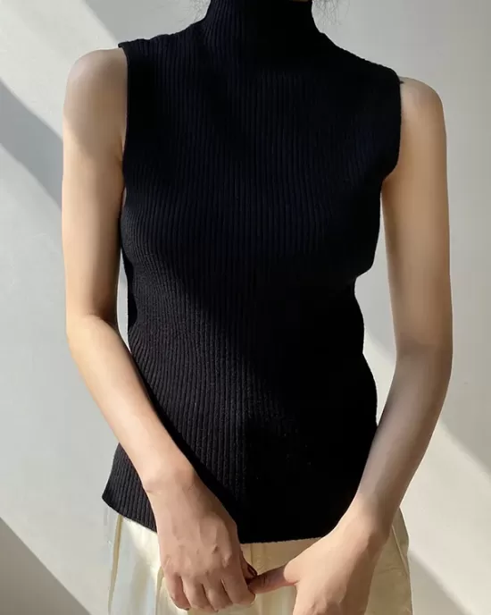 Solid Color Skinny Sleeveless High-Neck Vest Top Knitwear