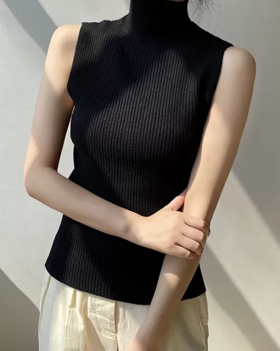 Solid Color Skinny Sleeveless High-Neck Vest Top Knitwear