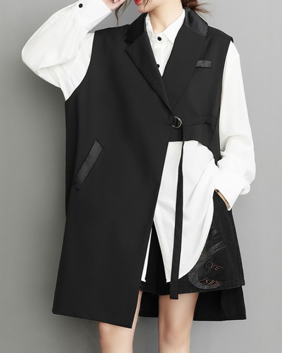 Asymmetric Pockets Tied Sleeveless Notched Collar Vest Outerwear