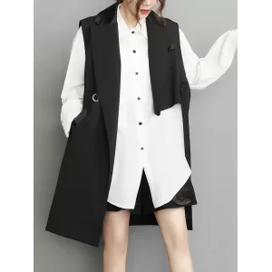 Asymmetric Pockets Tied Sleeveless Notched Collar Vest Outerwear