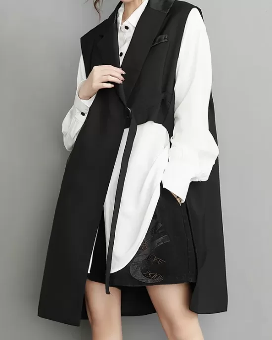 Asymmetric Pockets Tied Sleeveless Notched Collar Vest Outerwear