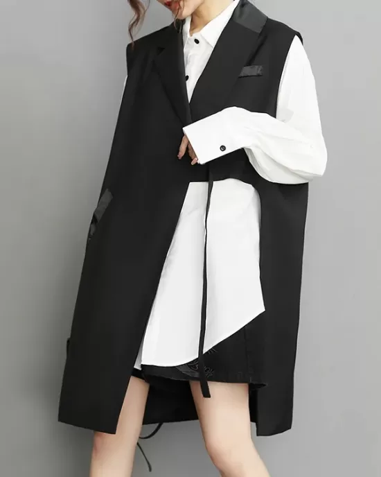 Asymmetric Pockets Tied Sleeveless Notched Collar Vest Outerwear