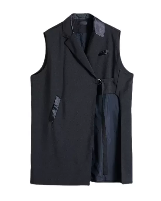 Asymmetric Pockets Tied Sleeveless Notched Collar Vest Outerwear