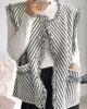 Buttoned Fringed Pockets Striped Loose Sleeveless V-Neck Vest Outerwear