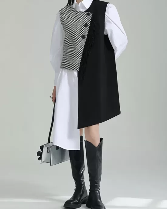 Asymmetric Buttoned Houndstooth Sleeveless Vest Outerwear