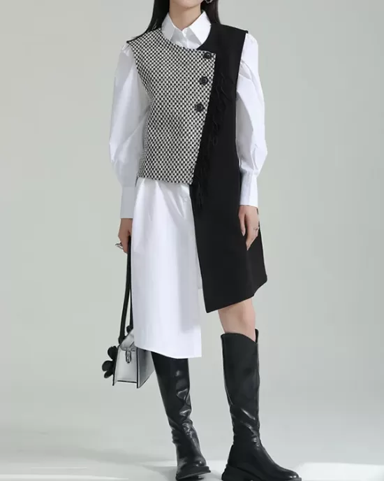 Asymmetric Buttoned Houndstooth Sleeveless Vest Outerwear