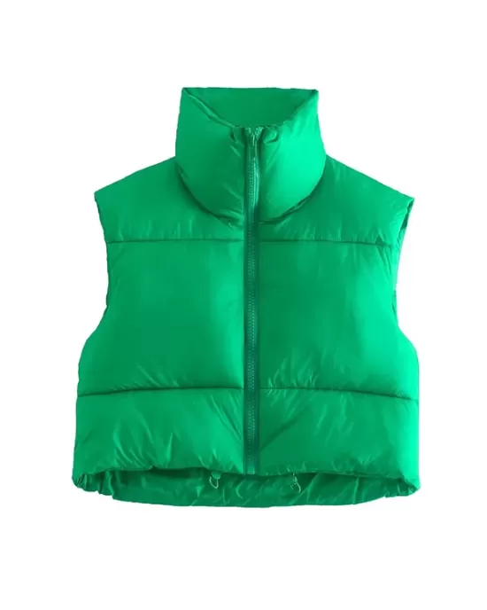 Skinny Sleeveless Solid Color Zipper Stand Collar Padded Vest Vest Top