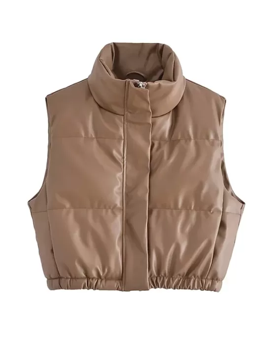 Drawstring Elasticity Solid Color Split-Joint Zipper Skinny Sleeveless Stand Collar Padded Vest