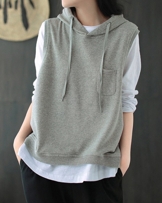 Artistic Retro Solid Hooded Vest