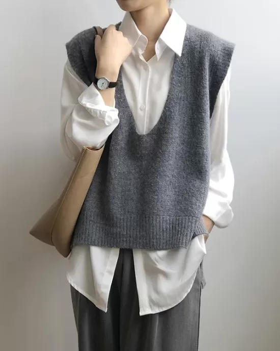 Knitting Irregularity Solid V-Neck Vest