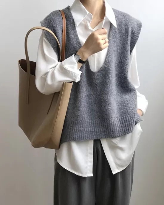 Knitting Irregularity Solid V-Neck Vest