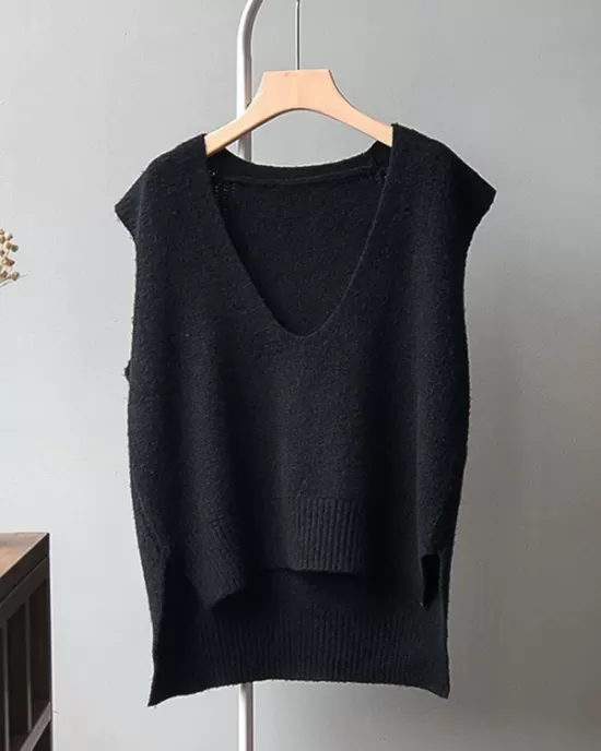 Knitting Irregularity Solid V-Neck Vest