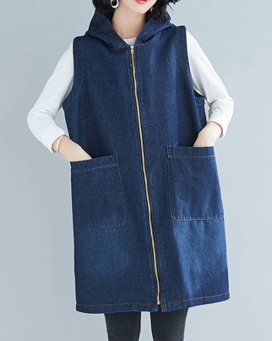 Casual Zipper Sleeveless Denim Vest Hooded Outerwear