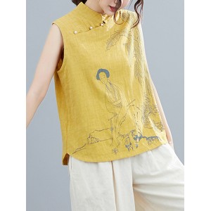 Artistic Retro Chinese-Style Printed Buttoned Stand Collar Sleeveless Vest