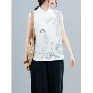 Artistic Retro Chinese-Style Printed Buttoned Stand Collar Sleeveless Vest