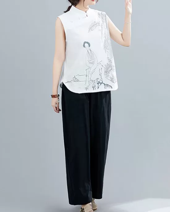 Artistic Retro Chinese-Style Printed Buttoned Stand Collar Sleeveless Vest