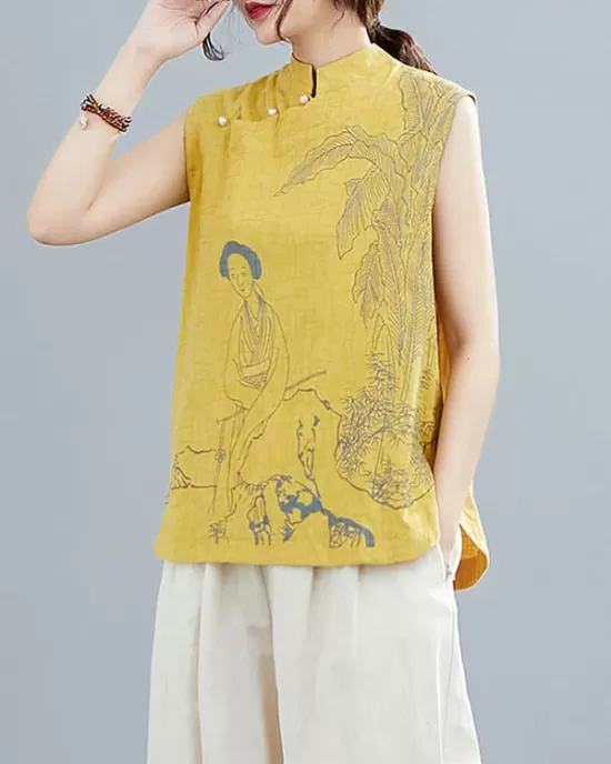 Artistic Retro Chinese-Style Printed Buttoned Stand Collar Sleeveless Vest