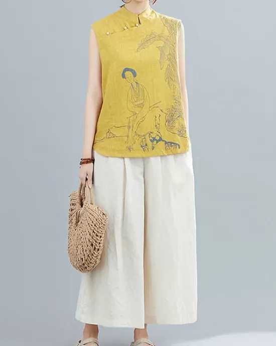 Artistic Retro Chinese-Style Printed Buttoned Stand Collar Sleeveless Vest