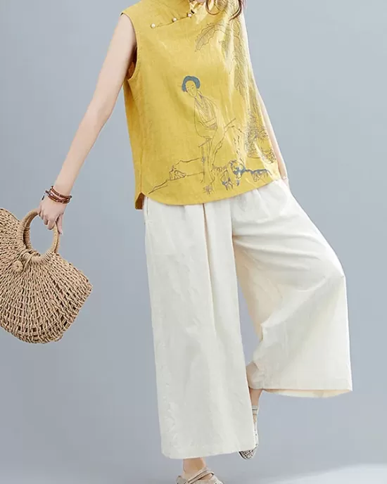 Artistic Retro Chinese-Style Printed Buttoned Stand Collar Sleeveless Vest