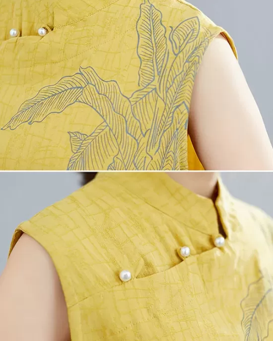 Artistic Retro Chinese-Style Printed Buttoned Stand Collar Sleeveless Vest