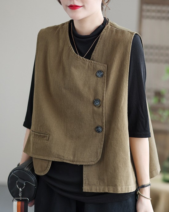 Vintage Asymmetric Solid Color Buttoned Vest Top