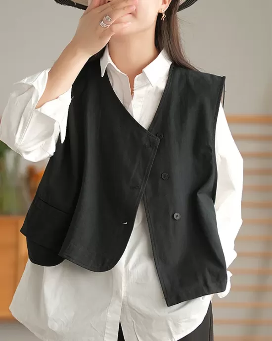 Vintage Asymmetric Solid Color Buttoned Vest Top