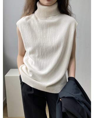 Simple Loose Solid Color High-Neck Knitting Vest Top