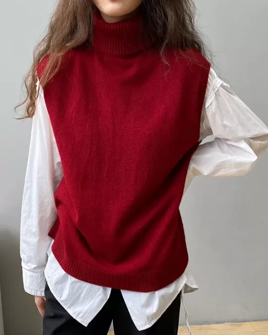 Simple Loose Solid Color High-Neck Knitting Vest Top