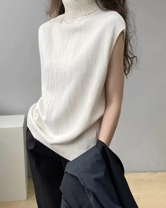 Simple Loose Solid Color High-Neck Knitting Vest Top