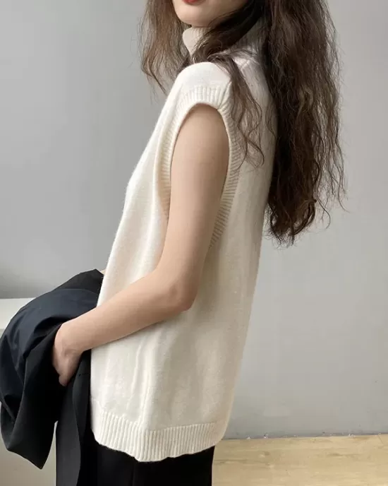 Simple Loose Solid Color High-Neck Knitting Vest Top