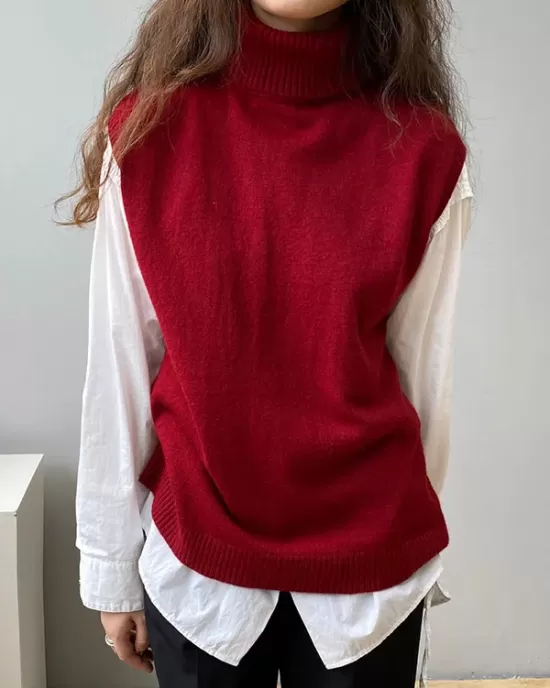 Simple Loose Solid Color High-Neck Knitting Vest Top