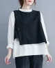 Original Stand Collar Long Sleeves T-Shirt Top&Buttoned Vest Outwear 2 Pieces Set