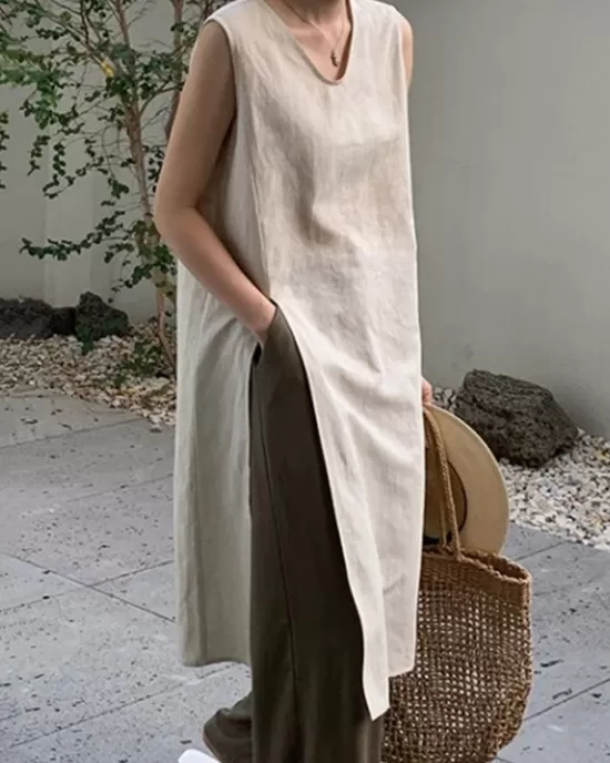 Solid Color Split-side Loose Sleeveless V-neck Vest Top