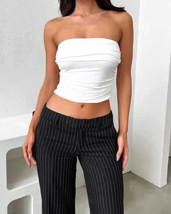 Pleated Solid Color Skinny Sleeveless Tube Vest Top