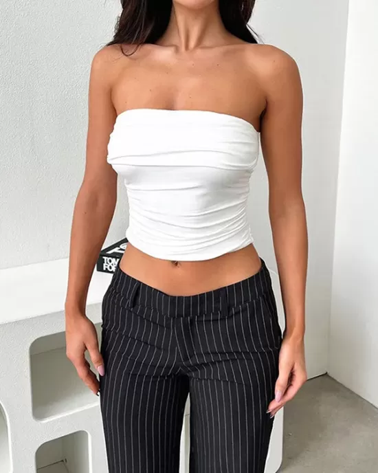 Pleated Solid Color Skinny Sleeveless Tube Vest Top