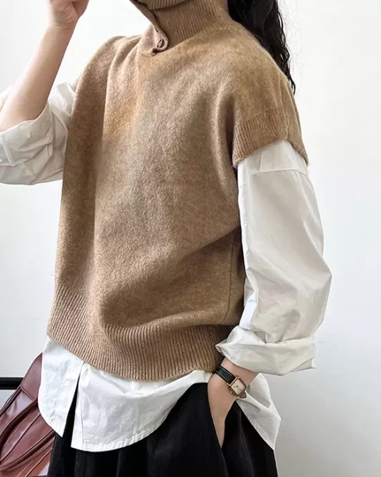 Buttoned Loose Sleeveless High Neck Vest Top Sweater